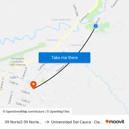 39 Norte2-39 Norte54 Carrera 6 to Universidad Del Cauca - Claustro El Carmen map
