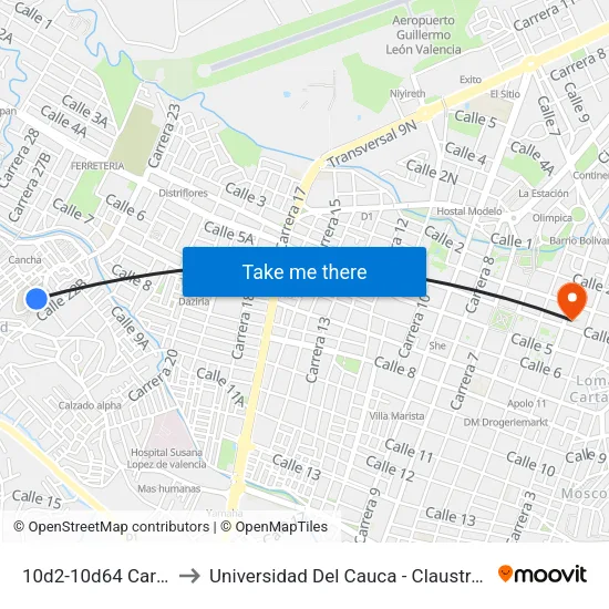 10d2-10d64 Carrera 23 to Universidad Del Cauca - Claustro El Carmen map