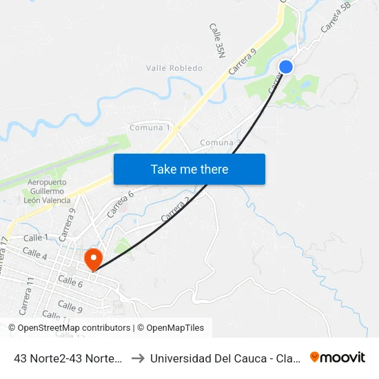 43 Norte2-43 Norte70 Carrera 6 to Universidad Del Cauca - Claustro El Carmen map