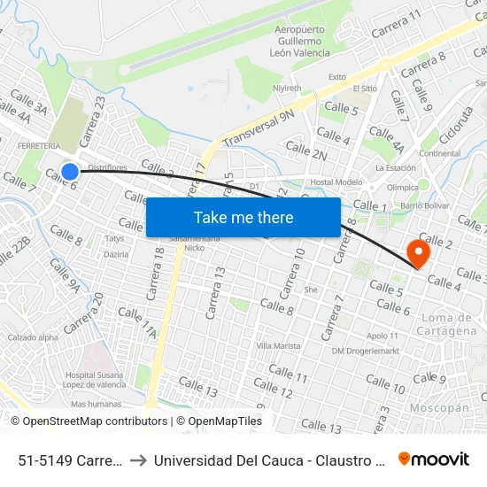 51-5149 Carrera 23 to Universidad Del Cauca - Claustro El Carmen map