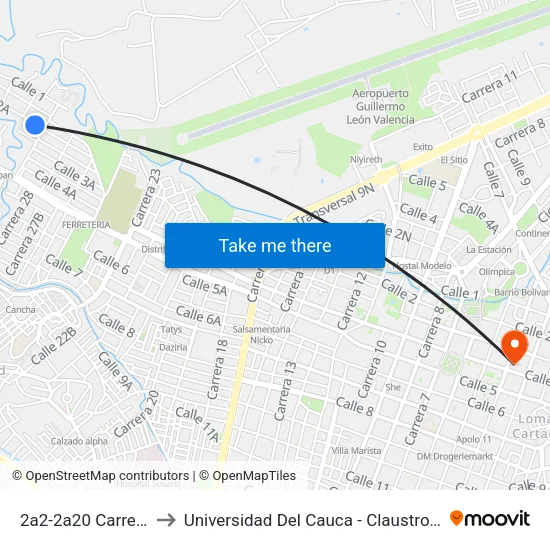 2a2-2a20 Carrera 28a to Universidad Del Cauca - Claustro El Carmen map