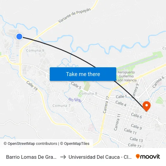 Barrio Lomas De Granada Calle 2 E to Universidad Del Cauca - Claustro El Carmen map