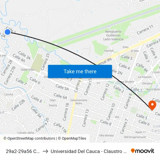 29a2-29a56 Calle 2 to Universidad Del Cauca - Claustro El Carmen map