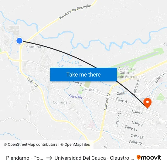 Piendamo - Popayan to Universidad Del Cauca - Claustro El Carmen map