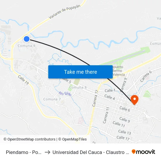 Piendamo - Popayan to Universidad Del Cauca - Claustro El Carmen map
