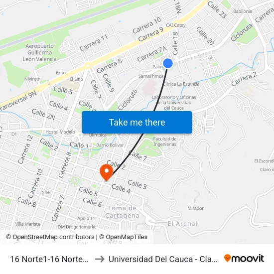 16 Norte1-16 Norte61 Carrera 6 to Universidad Del Cauca - Claustro El Carmen map