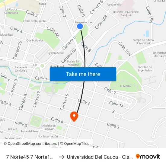 7 Norte45-7 Norte177 Carrera 6a to Universidad Del Cauca - Claustro El Carmen map