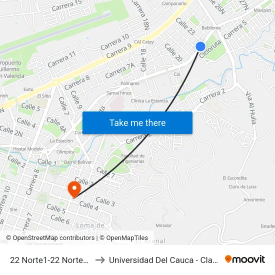 22 Norte1-22 Norte87 Carrera 6 to Universidad Del Cauca - Claustro El Carmen map