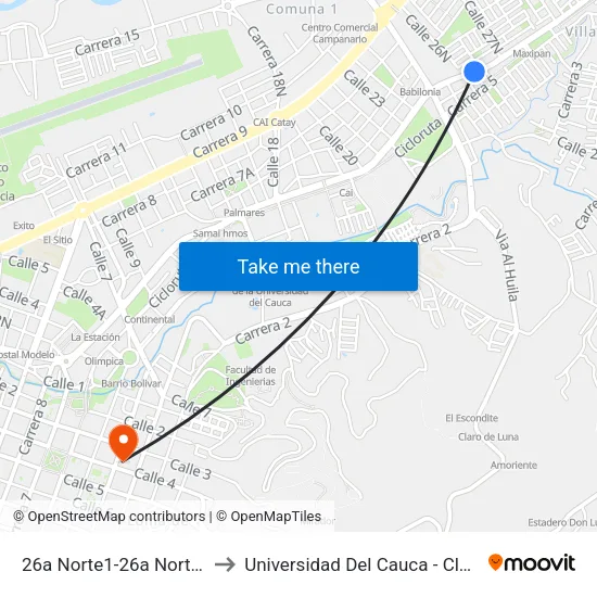26a Norte1-26a Norte47 Carrera 6 to Universidad Del Cauca - Claustro El Carmen map