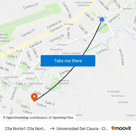 23a Norte1-23a Norte123 Carrera 6 to Universidad Del Cauca - Claustro El Carmen map
