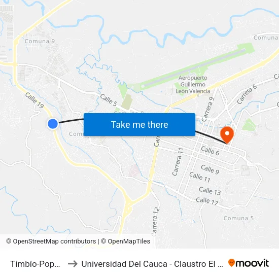 Timbío-Popayán to Universidad Del Cauca - Claustro El Carmen map