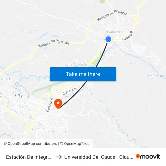 Estación De Integración Norte to Universidad Del Cauca - Claustro El Carmen map