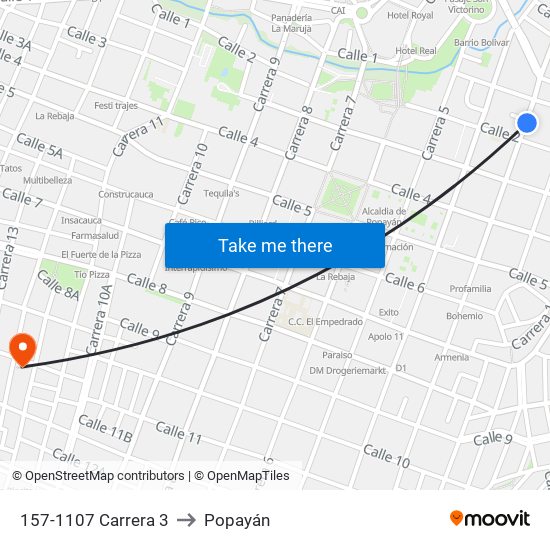 157-1107 Carrera 3 to Popayán map