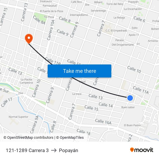 121-1289 Carrera 3 to Popayán map