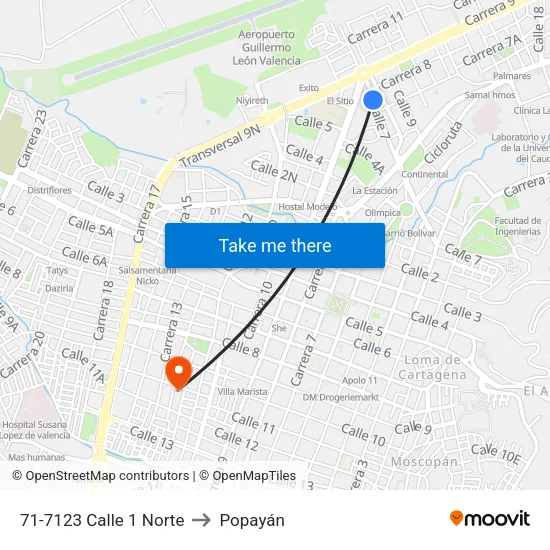 71-7123 Calle 1 Norte to Popayán map