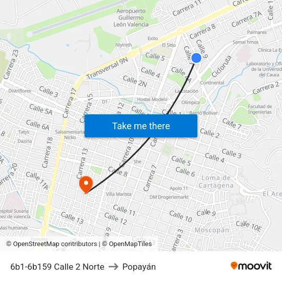 6b1-6b159 Calle 2 Norte to Popayán map