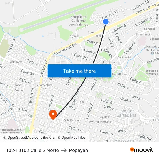 102-10102 Calle 2 Norte to Popayán map