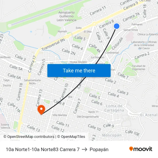 10a Norte1-10a Norte83 Carrera 7 to Popayán map