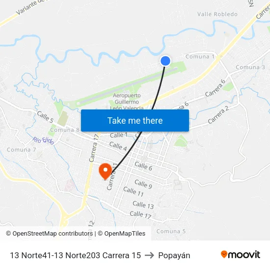 13 Norte41-13 Norte203 Carrera 15 to Popayán map