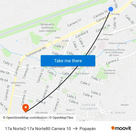 17a Norte2-17a Norte80 Carrera 10 to Popayán map