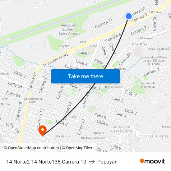 14 Norte2-14 Norte138 Carrera 10 to Popayán map