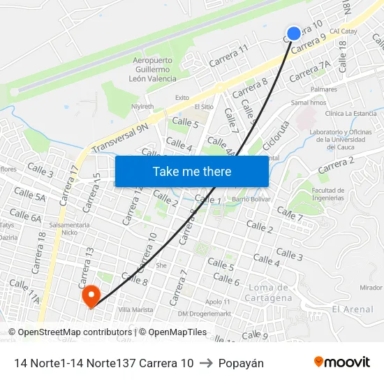 14 Norte1-14 Norte137 Carrera 10 to Popayán map