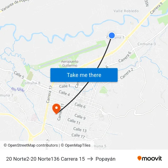 20 Norte2-20 Norte136 Carrera 15 to Popayán map