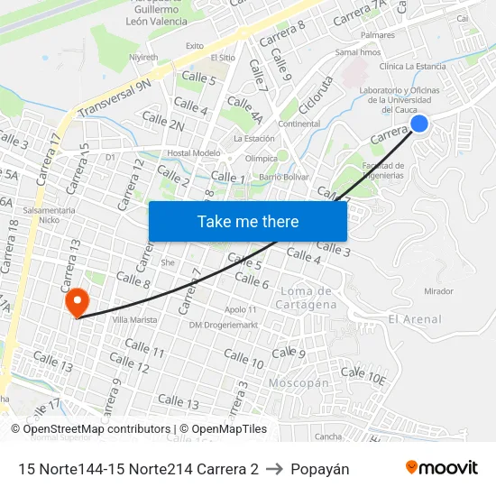 15 Norte144-15 Norte214 Carrera 2 to Popayán map