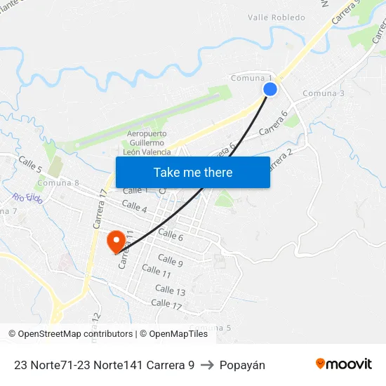 23 Norte71-23 Norte141 Carrera 9 to Popayán map
