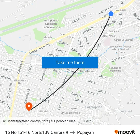 16 Norte1-16 Norte139 Carrera 9 to Popayán map