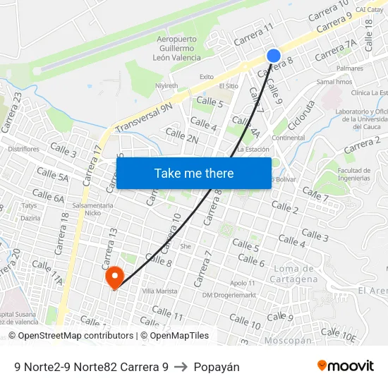 9 Norte2-9 Norte82 Carrera 9 to Popayán map