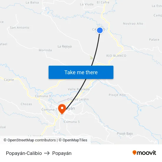 Popayán-Calibío to Popayán map
