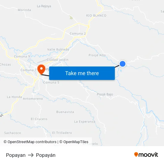 Popayan to Popayán map