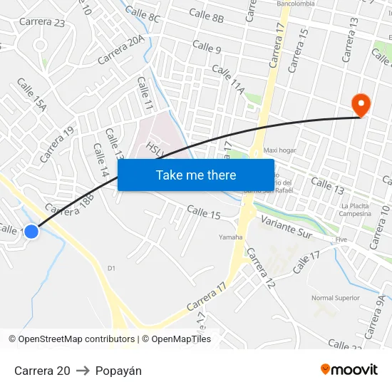 Carrera 20 to Popayán map