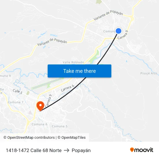 1418-1472 Calle 68 Norte to Popayán map
