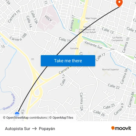 Autopista Sur to Popayán map