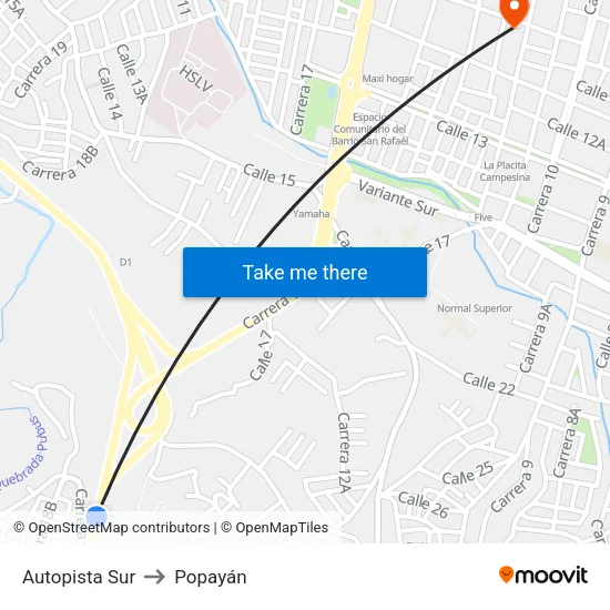 Autopista Sur to Popayán map