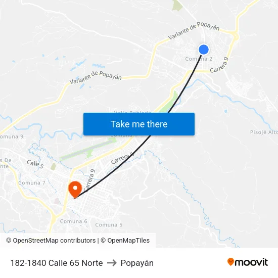 182-1840 Calle 65 Norte to Popayán map