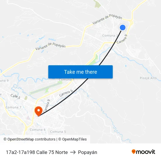 17a2-17a198 Calle 75 Norte to Popayán map