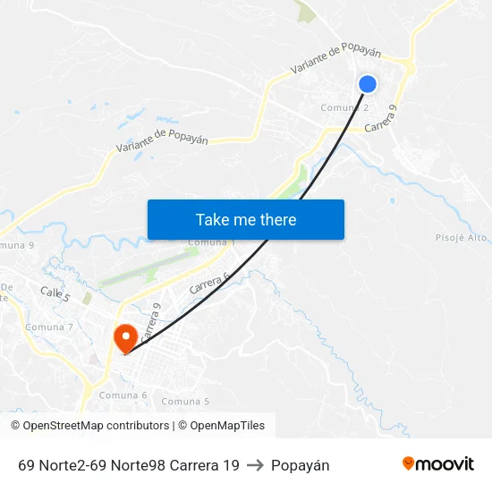 69 Norte2-69 Norte98 Carrera 19 to Popayán map