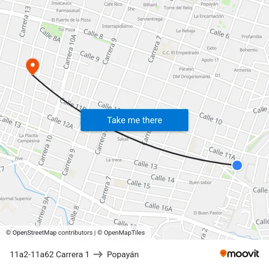 11a2-11a62 Carrera 1 to Popayán map