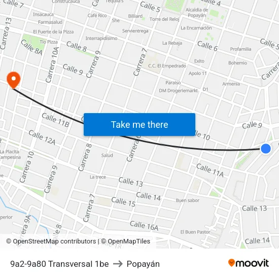 9a2-9a80 Transversal 1be to Popayán map