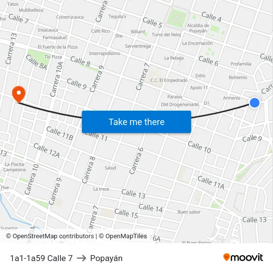 1a1-1a59 Calle 7 to Popayán map