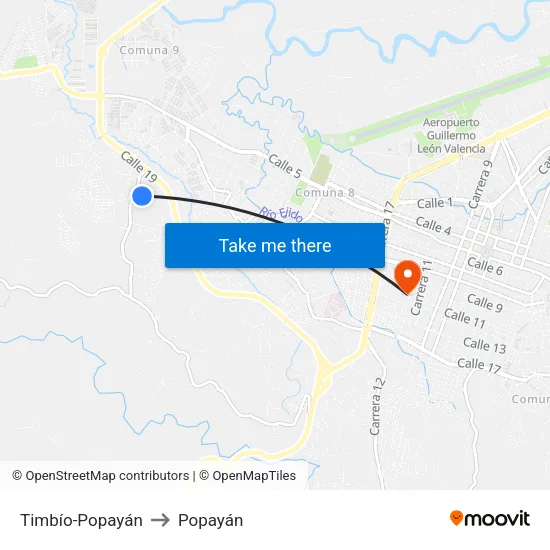 Timbío-Popayán to Popayán map