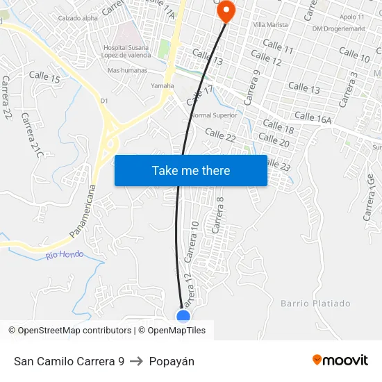 San Camilo Carrera 9 to Popayán map