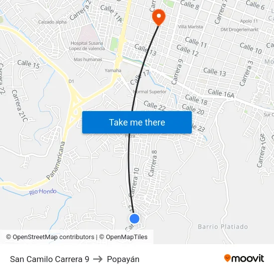 San Camilo Carrera 9 to Popayán map
