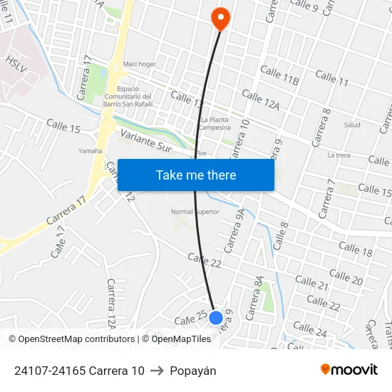 24107-24165 Carrera 10 to Popayán map