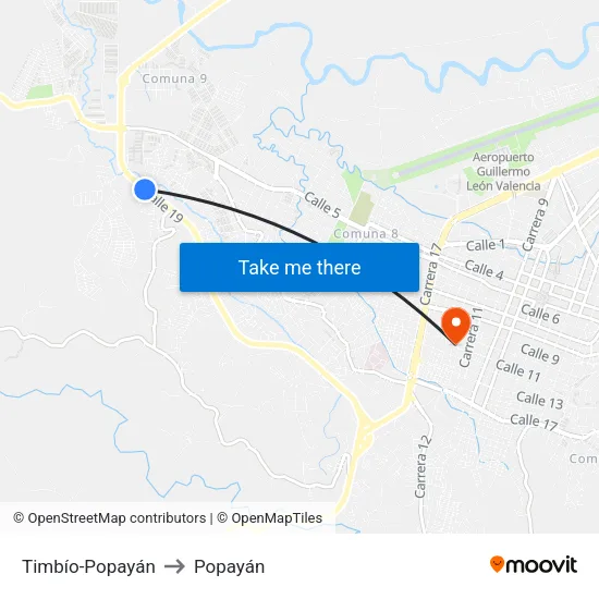 Timbío-Popayán to Popayán map