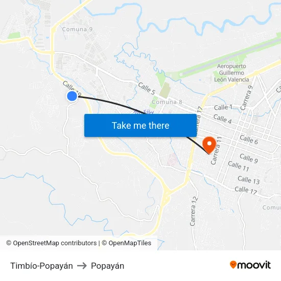 Timbío-Popayán to Popayán map