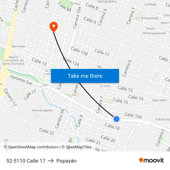 52-5110 Calle 17 to Popayán map